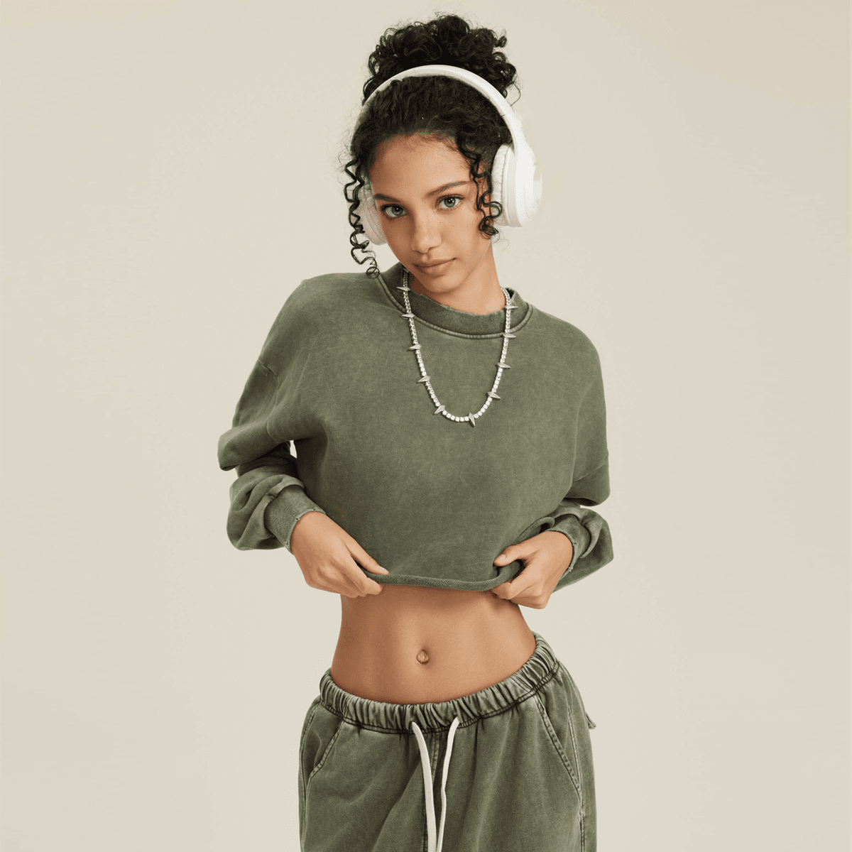 LUVYASELF - Washed Raw-Edge Cropped Crew Neck Sweatshirt（380GSM）