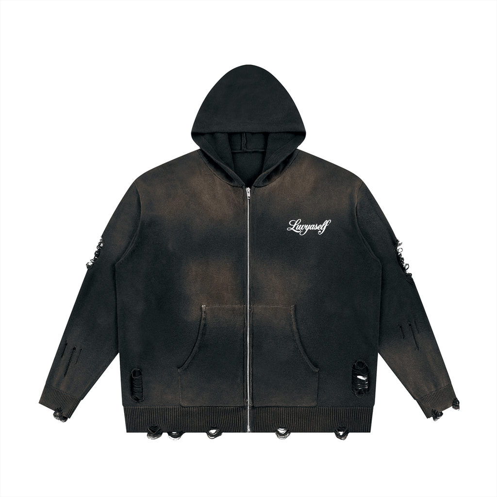 Unisex Distressed Full Zip Sweater