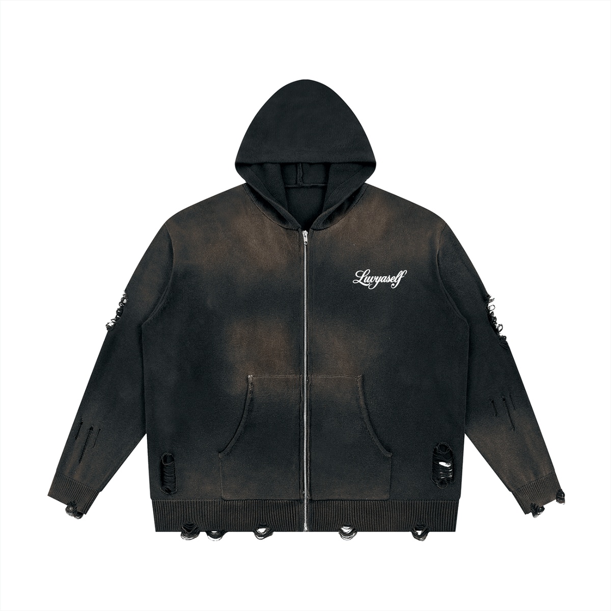 Unisex Distressed Full Zip Sweater