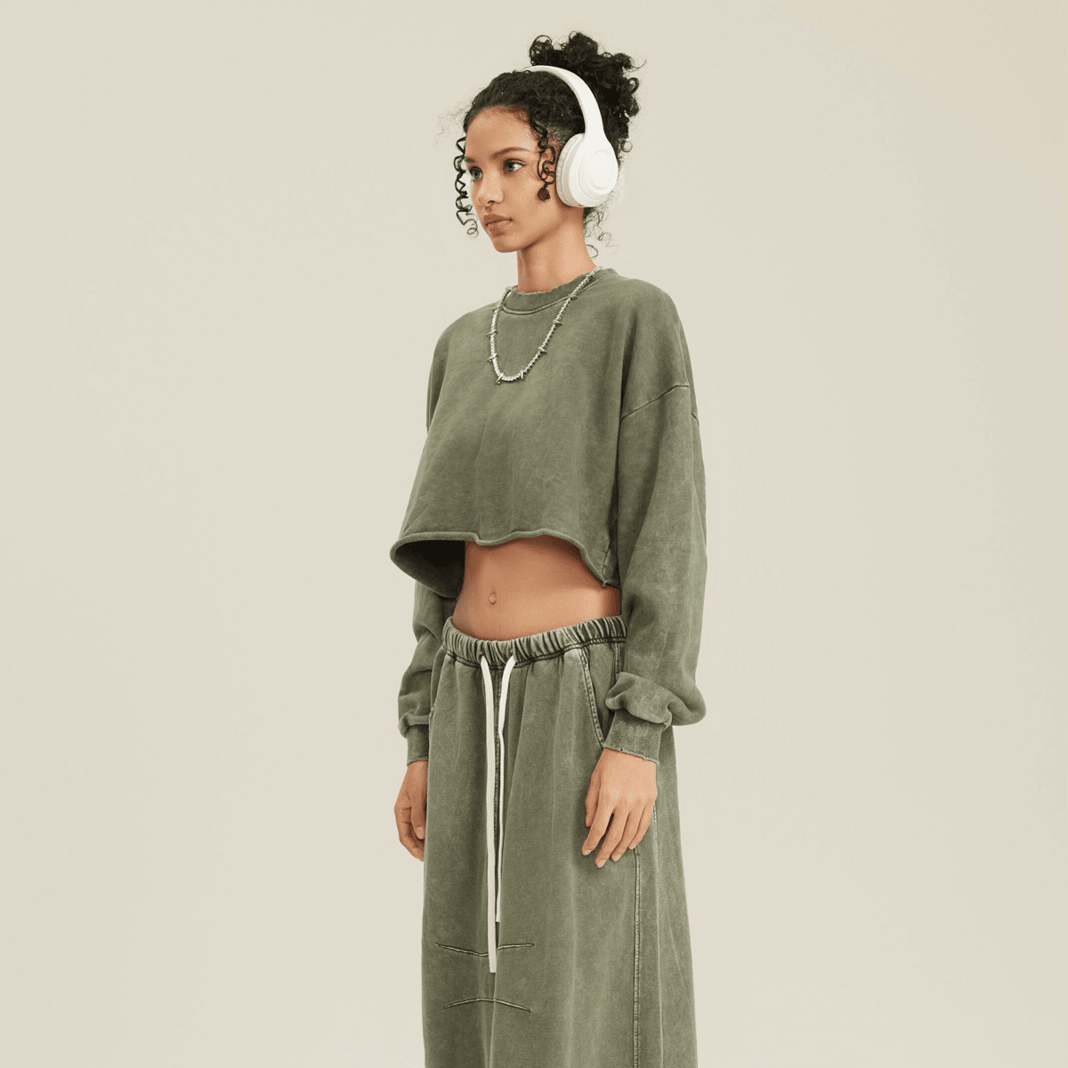 LUVYASELF - Washed Raw-Edge Cropped Crew Neck Sweatshirt（380GSM）