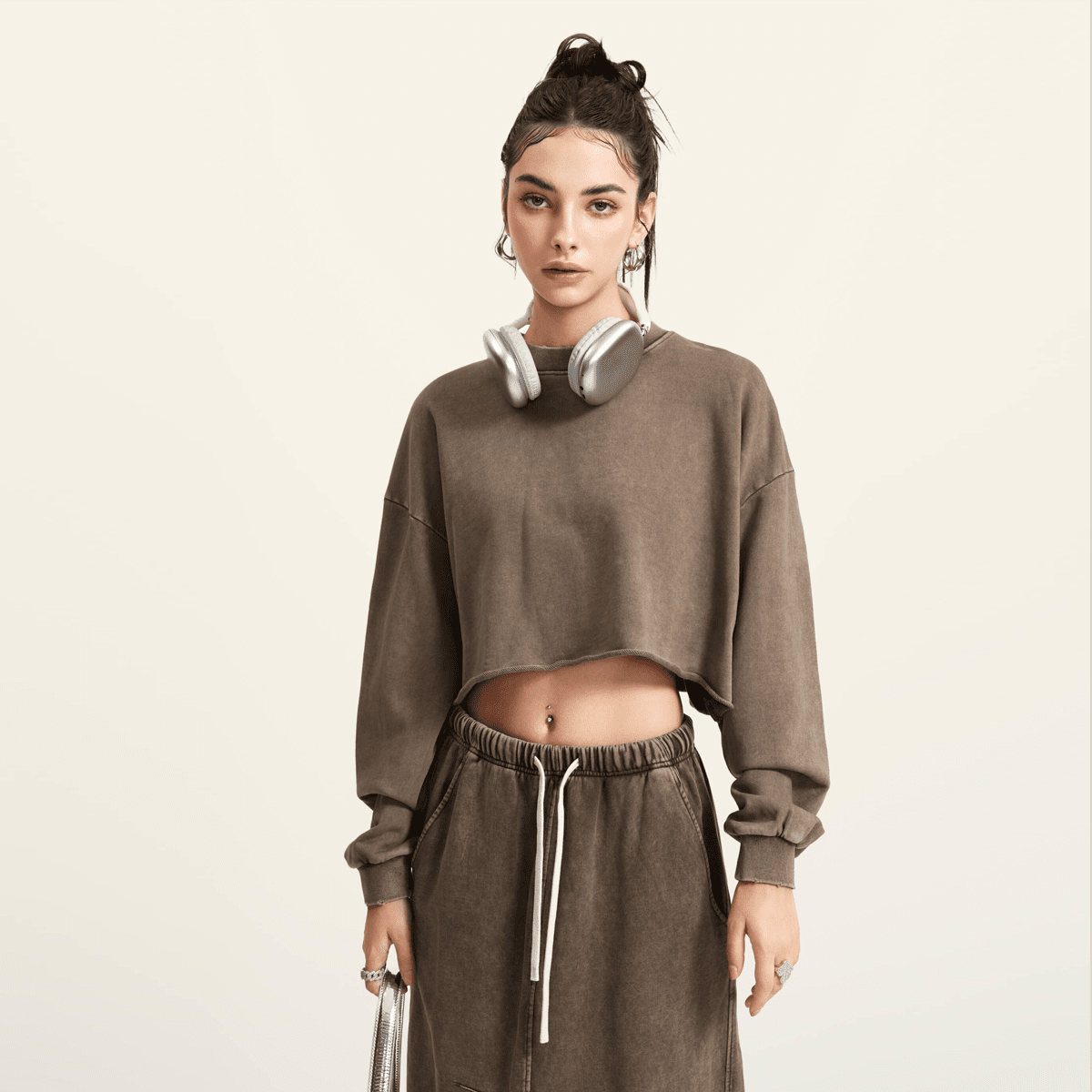 LUVYASELF - Washed Raw-Edge Cropped Crew Neck Sweatshirt（380GSM）