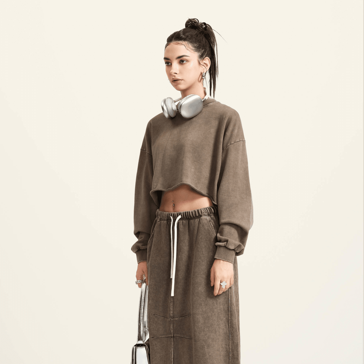 LUVYASELF - Washed Raw-Edge Cropped Crew Neck Sweatshirt（380GSM）