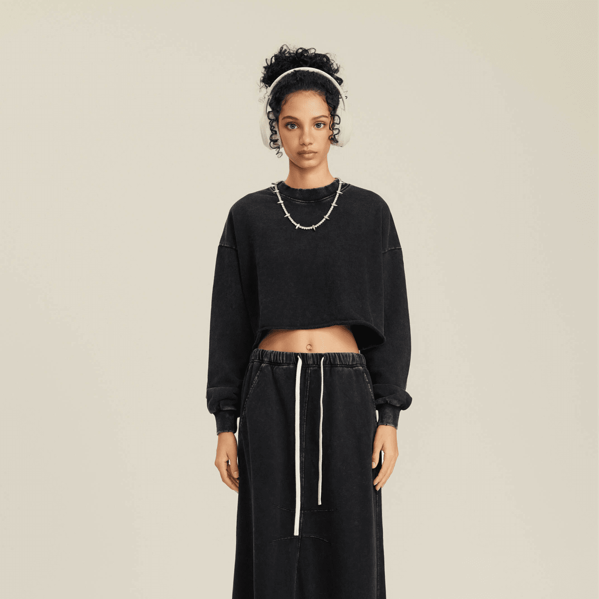 LUVYASELF - Washed Raw-Edge Cropped Crew Neck Sweatshirt（380GSM）