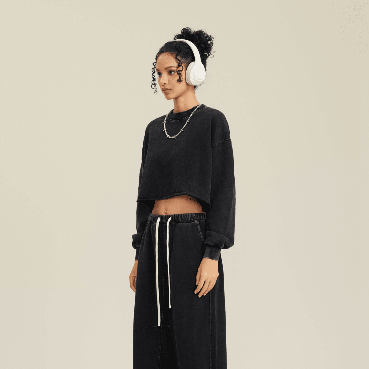 LUVYASELF - Washed Raw-Edge Cropped Crew Neck Sweatshirt（380GSM）