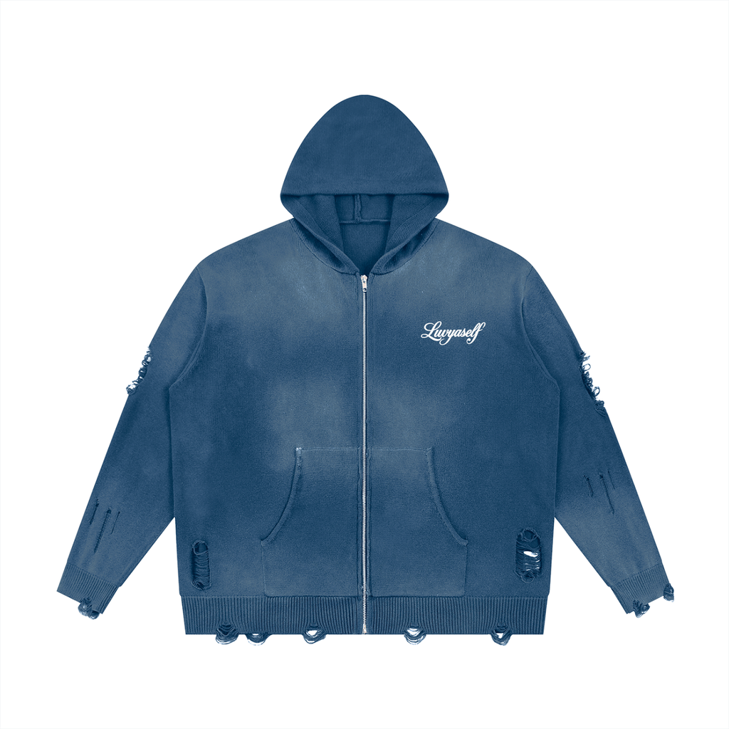 Unisex Distressed Full Zip Sweater