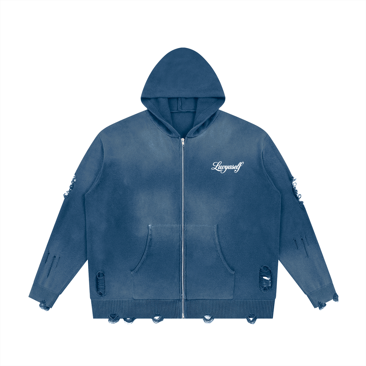 Unisex Distressed Full Zip Sweater