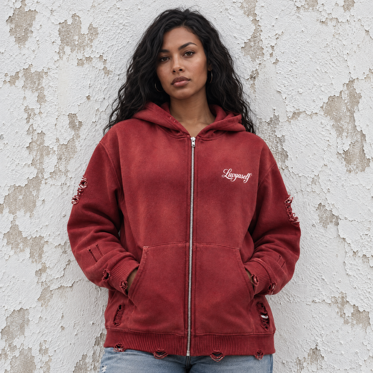 Unisex Distressed Full Zip Sweater