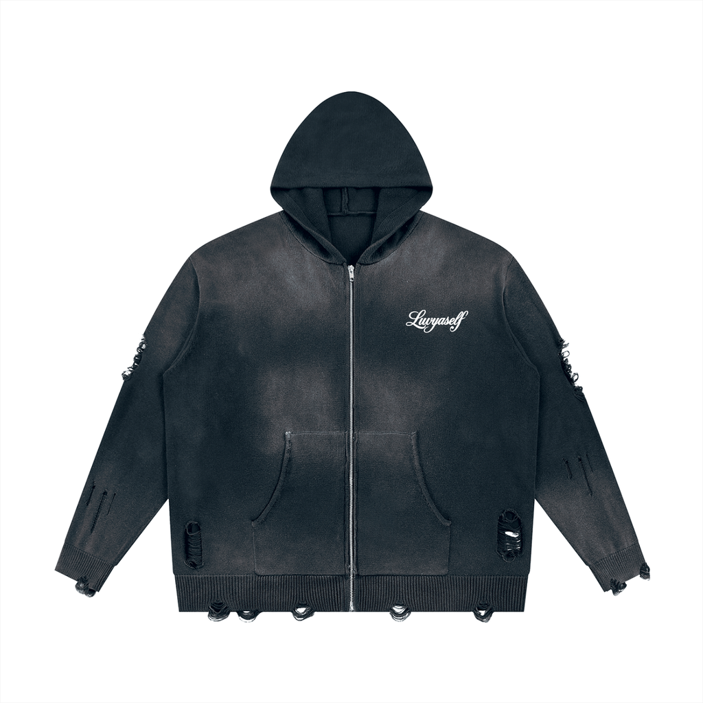 Unisex Distressed Full Zip Sweater