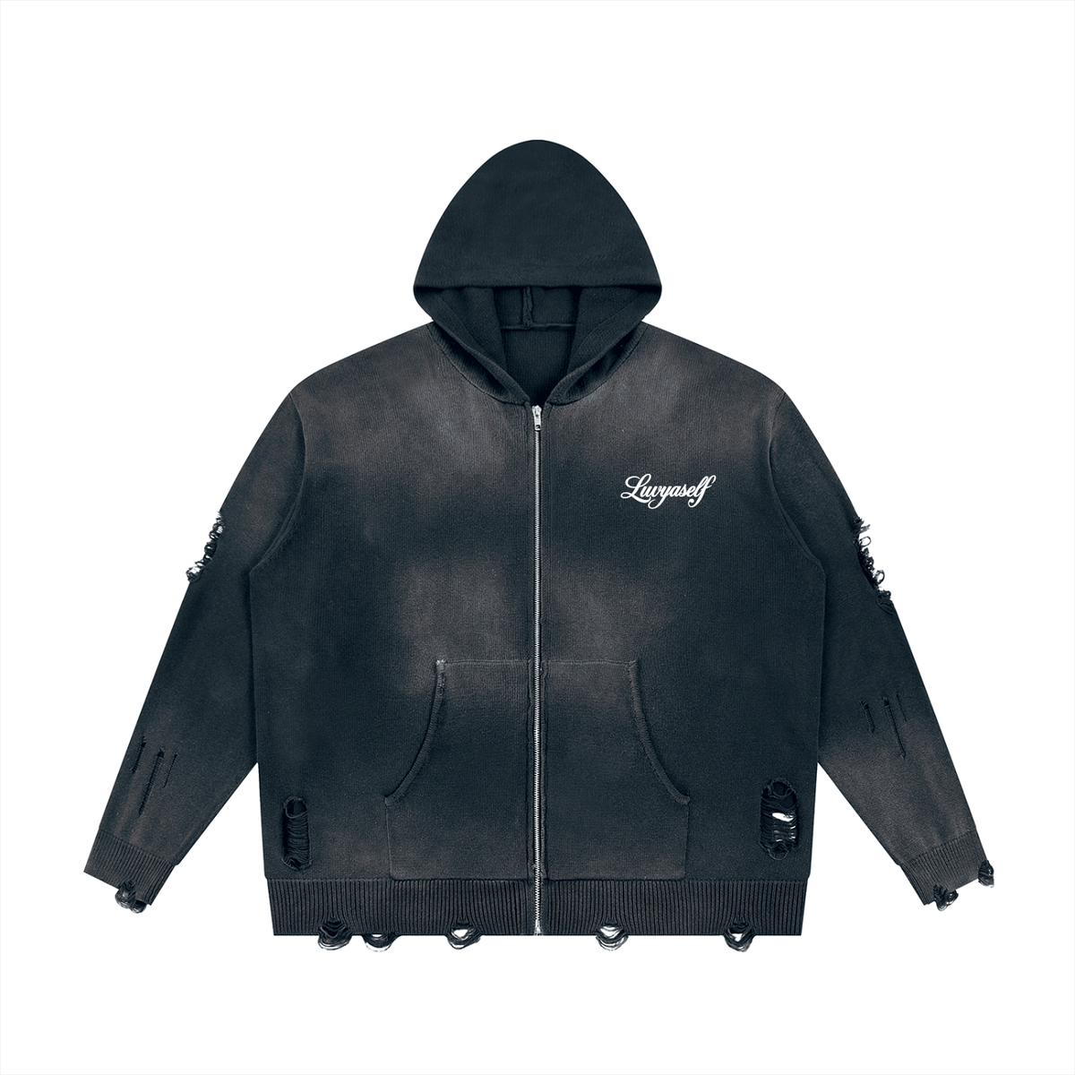 Unisex Distressed Full Zip Sweater